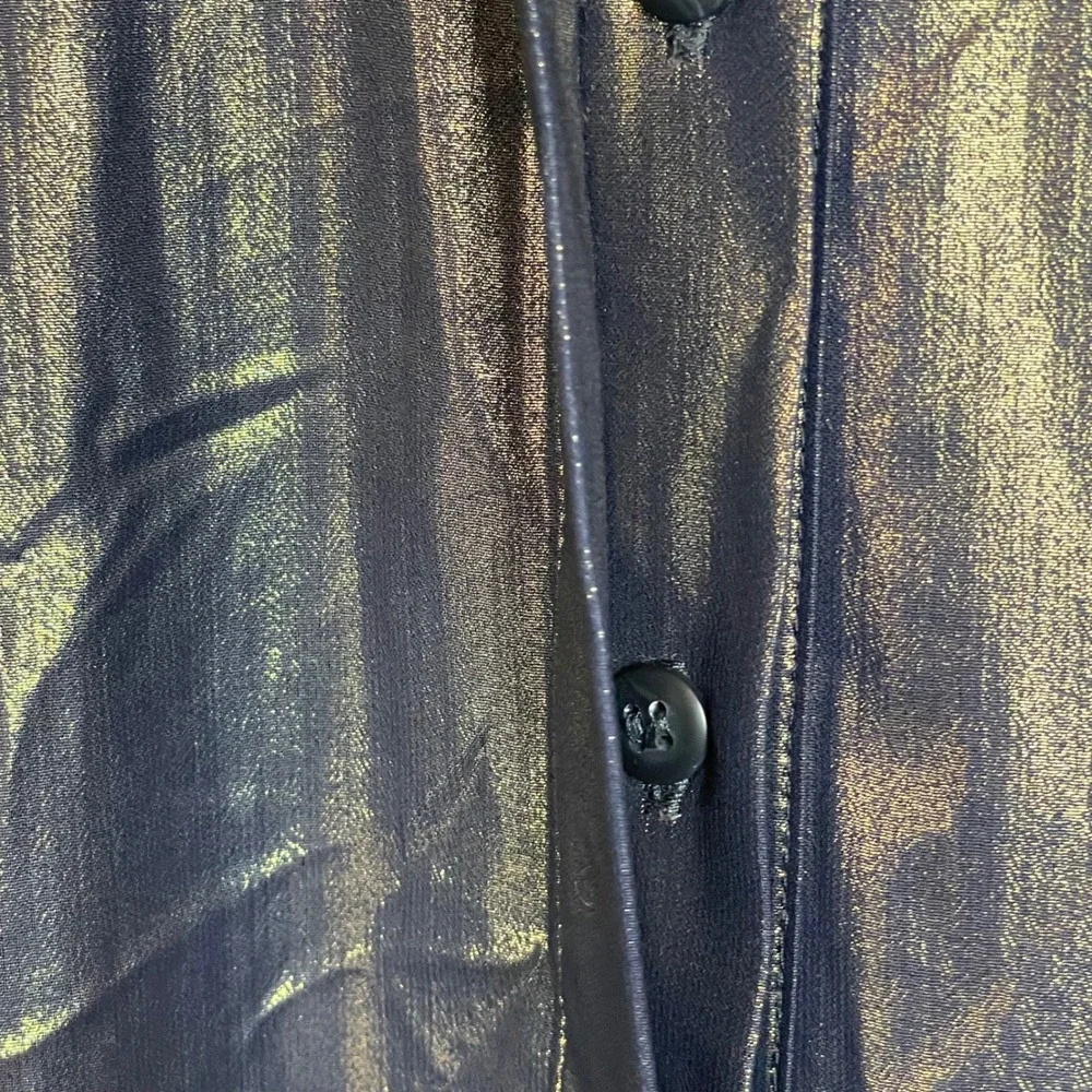 Free People Metallic Sheen Button Down Shirt Blouse‎ Navy Gold XS Oversized